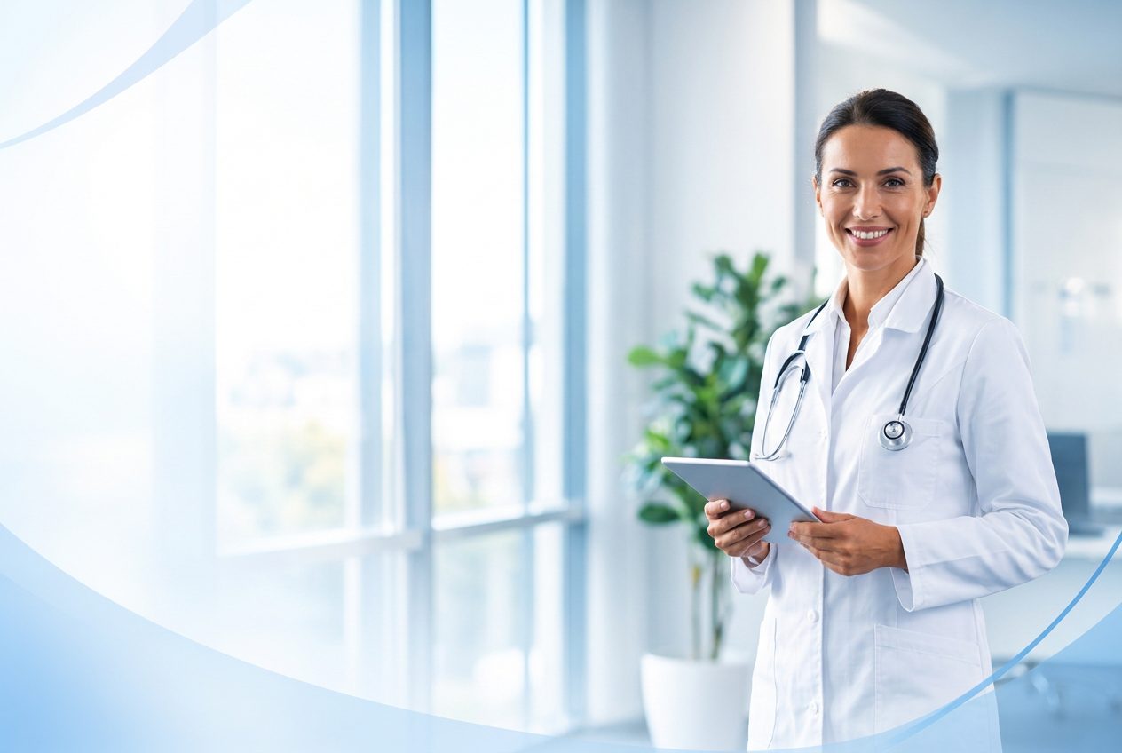 Médica sorridente com tablet em ambiente clínico claro