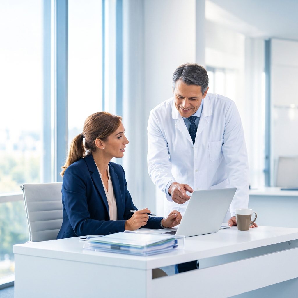 Coordenadora administrativa e médico organizam escalas diante de um notebook