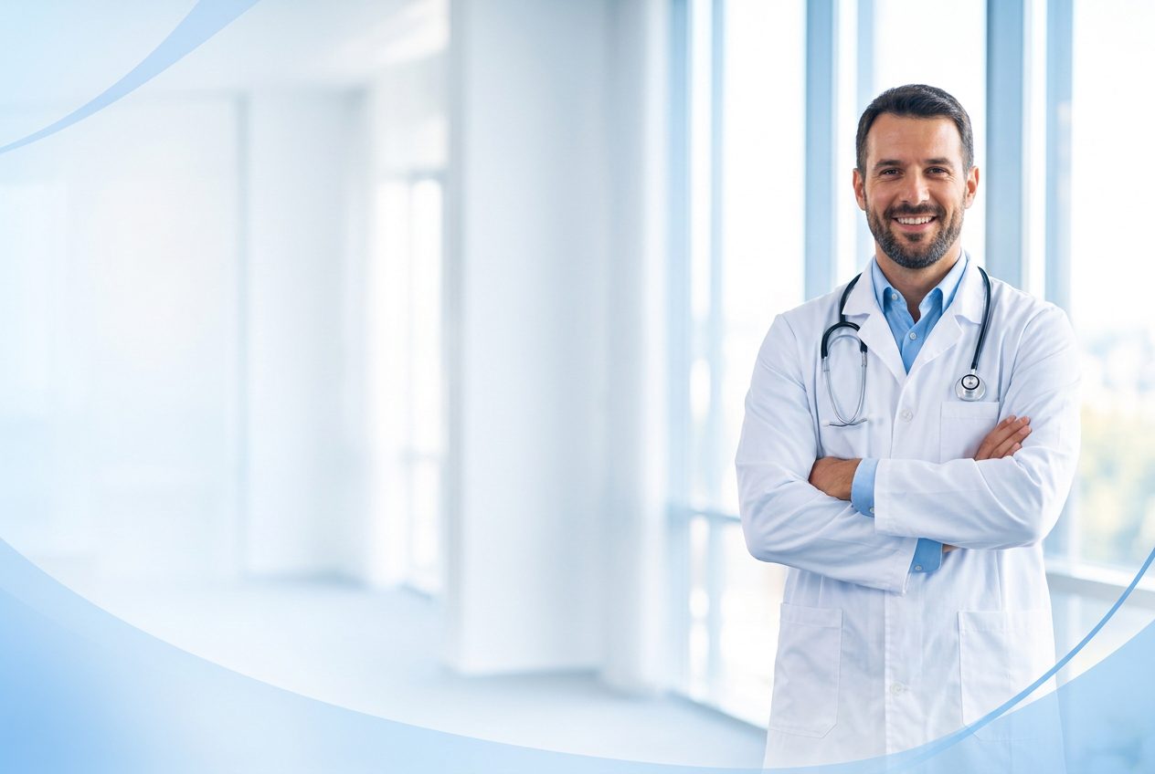 Médico sorridente de jaleco branco em ambiente clínico claro